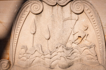 death with a scythe resting next to some cypresses, Inca municipal cemetery, established in 1820, Majorca, Balearic Islands, Spain