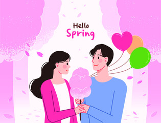 Hello spring! A male and female couple enjoying the cherry blossom festival. A vector illustration of a couple eating cotton candy and passing through cherry blossom trees.