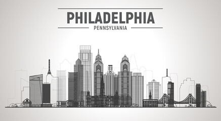 Philadelphia ( Pennsylvania USA ) line skyline at white background. Vector Illustration. Business travel and tourism concept with modern buildings. Image for presentation, banner, web site.