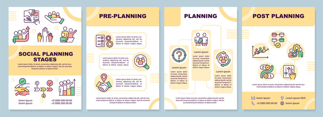 Social planning stages brochure template. Society changes. Leaflet design with linear icons. 4 vector layouts for presentation, annual reports. Arial-Black, Myriad Pro-Regular fonts used