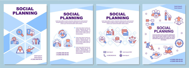 Social planning brochure template. Development and changes. Leaflet design with linear icons. 4 vector layouts for presentation, annual reports. Arial-Black, Myriad Pro-Regular fonts used