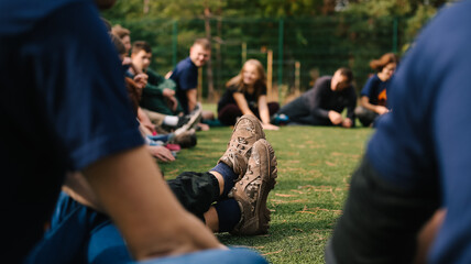 A group of teenagers in nature sitting on the grass in a circle. Legs of a guy in sports shoes....