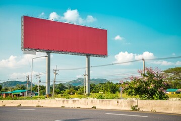 Outdoor billboard blank advertising big poster with blue sky background copy space. Advertising and business marketing background concept.