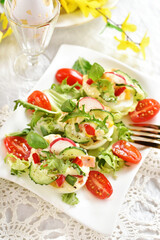 Easter breakfast with eggs stuffed with vegetable salad and mayonnaise