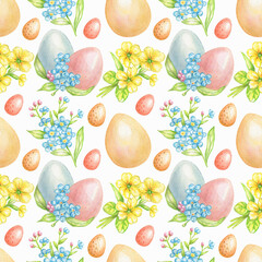 Watercolor seamless easter eggs and spring flowers pattern isolated on white background.For easter design,print and much more.