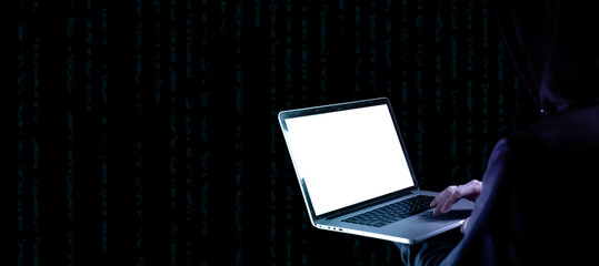 Hacker security cyber attack. Digital laptop in hacker man hand isolated on black. Internet web...