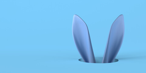 Easter bunny ears coming out of a hole. 3D illustration. Copy space.