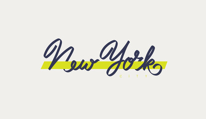 New york city lettering. NY logo design. Blue textured NYC label or logotype. Badge calligraphy in flat style. Great for t-shirts or poster. Vector illustration isolated on white background.