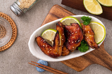 Roasted sweet sauced teriyaki chicken wings.