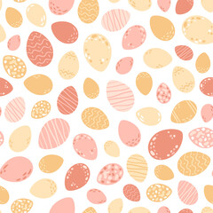 Easter eggs seamless pattern. Colorful patterned holiday elements. Abstract vector illustration in pastel yellow, pink and red colors. Traditional background.
