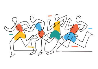 Running race, line art stylized.
Expressive Illustration of group of running racers. Continuous line drawing design. Vector available.