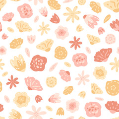 Floral seamless pattern. Spring and summer illustration with various of flowers and leaves. Abstract nature elements in pastel yellow and pink colors. Vector background.