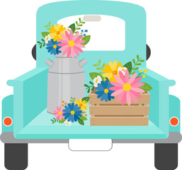 Blue Pickup Truck with flowers, Flower Truck, Spring