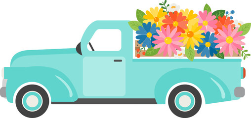Blue Pickup Truck with flowers, Flower Truck, Spring © MyClipArtStore.com