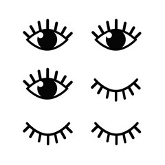 Eyes and eyelashs icons. Open ad closed human eye icon set, cute graphic silhouettes vector eyes