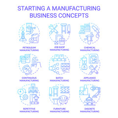 Starting manufacturing business blue gradient concept icons set. Goods production process idea thin line color illustrations. Isolated symbols. Roboto-Medium, Myriad Pro-Bold font used