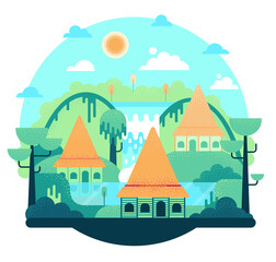 Village in Micronesia near river, aboriginal houses with high thatched roofs. Vector flat cartoon illustration