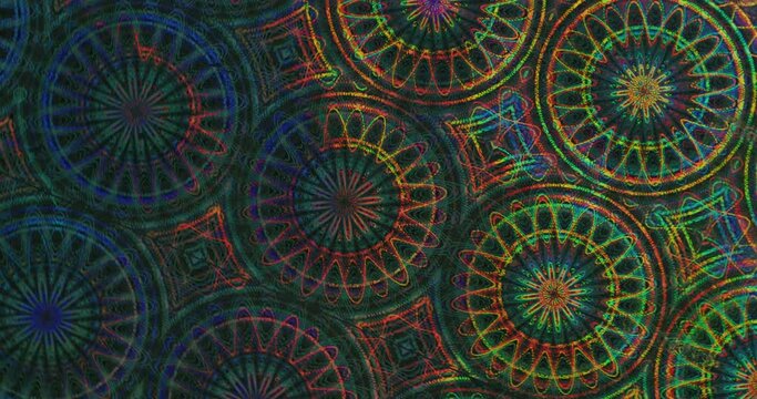 Led light stick moving over rotating silver rainbow holo foil material, glitter pattern background loop, Psychedelic Multicolored Video Overlay in 4k.