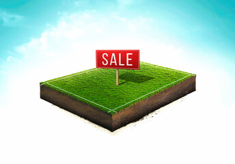 Grass and geology cross section with Land for sale sign, estate investment, land plot for construction project. 3d ground slice section 