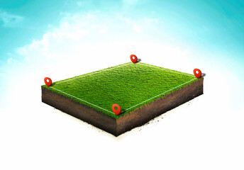 Location pin icon on green land plot, estate investment, land plot for construction project. 3d ground slice section - obrazy, fototapety, plakaty