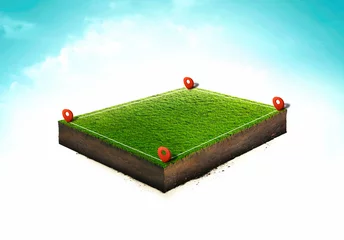 Foto op Canvas Location pin icon on green land plot, estate investment, land plot for construction project. 3d ground slice section © Hadi
