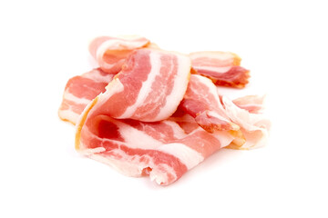 Bacon strips, raw smoked pork meat slices isolated on white