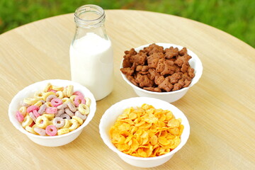 Bowls with different sorts of breakfast cereal products, white bowls with morning meal