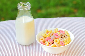 Bowls with different sorts of breakfast cereal products, white bowls with morning meal