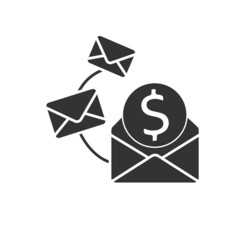 Email marketing glyph icon. Information for customers on emailing list. Promote products, discounts, and services.Digital marketing concept. Filled flat sign. Isolated silhouette vector illustration