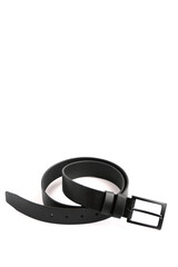 Curved black leather belt on a white background.