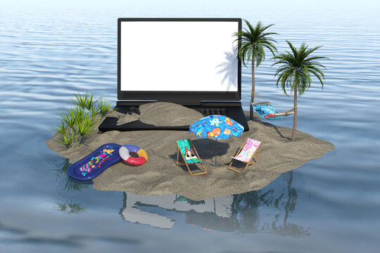 Creative summer beach on laptop with blue background. 3d rendering