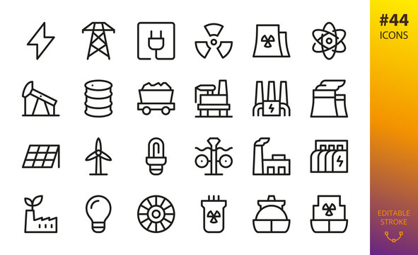 Energy And Power Generation Isolated Icons Set. Set Of Nuclear Power Plant, Green Factory, Renewable Energy, Coal Mining, Oil Rig, Petroleum Barrel, Hydroelectric Dam, Electrical Tower Vector Icons