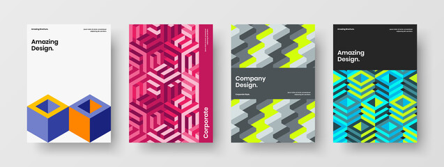 Creative geometric tiles leaflet template collection. Bright book cover A4 design vector illustration bundle.