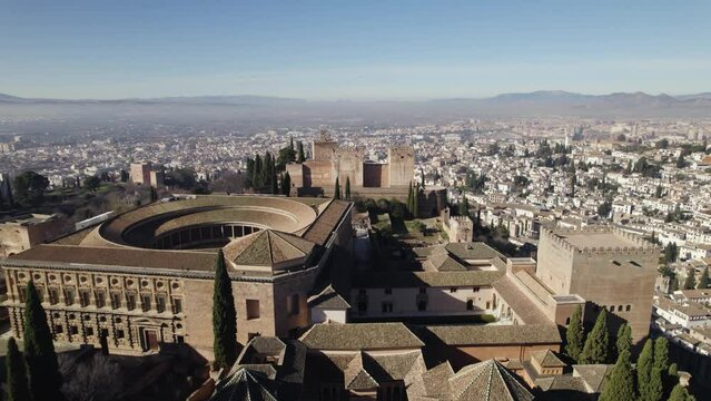 The Alhambra Granada, Flyover Carlos V Palace and Alcabaza, Towards cityscape. Andalusia