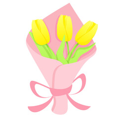 Bouquet of yellow tulips in a pink package and with a ribbon