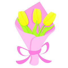 Bouquet of yellow tulips in a pink package and with a ribbon