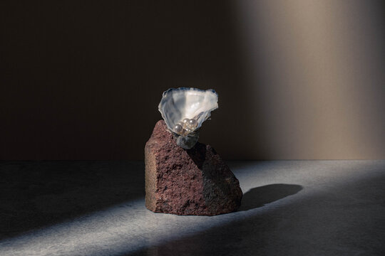 Underwater still life abstract studio photo with sand, pearls, oyster shell,  shadow light from window