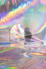 vapor wave still life abstract holographic iridescent fabric with archway door mirror