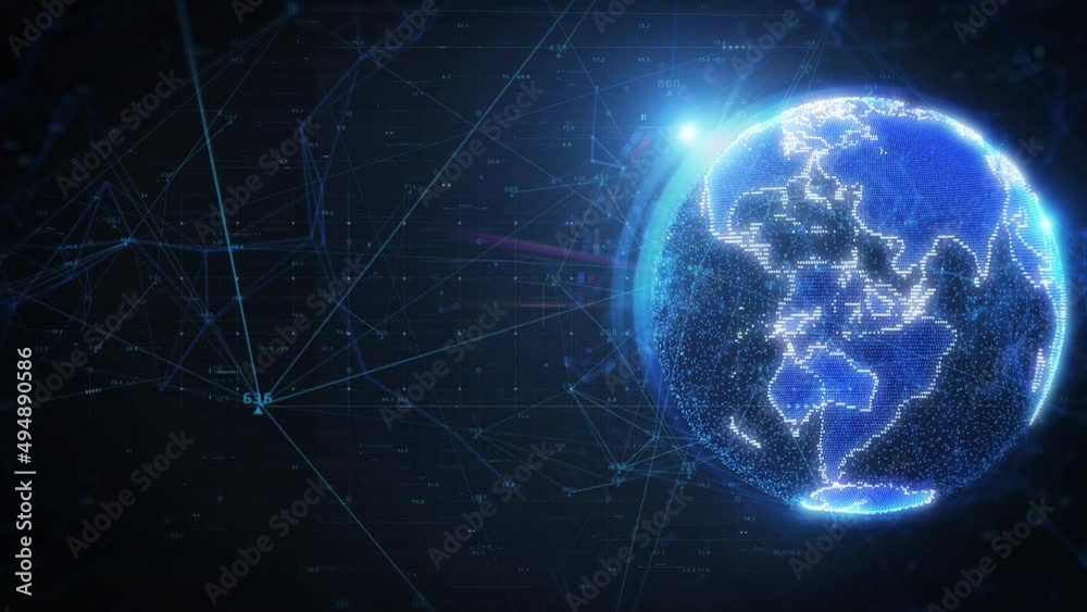 Poster Digital Blue 3D Hologram Flare Ring Earth Rotating on Scifi Universe. Polygon Line Dot Data Structure System Communication Concept 4K Motion Background.