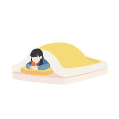 布団の中でスマホを見る女性