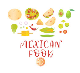Заголовок: Mexican street food. Funny hand drawn illustration with food elements. Vector.

