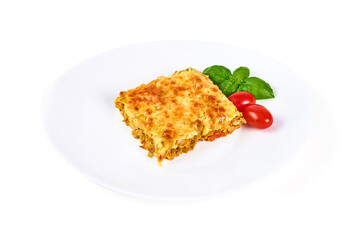 Colorful meat casserole with cheese, isolated on white background.