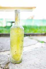 vintage bottle, glass bottle for wine empty dirty kitchenware copy space food background rustic top...
