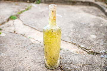 vintage bottle, glass bottle for wine empty dirty kitchenware copy space food background rustic top...