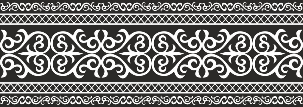 Vector monochrome Kazakh national seamless ornament. Endless pattern border, frame of the nomadic peoples of the great steppe. Turks, Kyrgyz, Mongols, Tatars, Kalmyks, Buryats.
