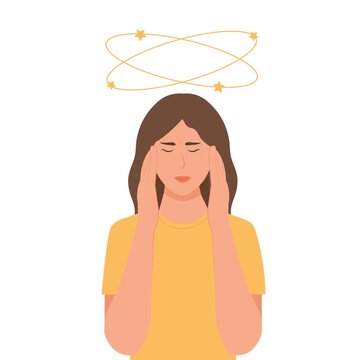 Dizziness. Woman with closed eyes holds her hand on head, stars spin around his head. Sick woman with vertigo.Vector illustration, flat design.