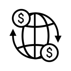 Global transfer thin line icon money moving around globe. Modern vector illustration. - obrazy, fototapety, plakaty