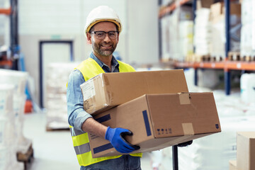 Handosme worker holding cardboard boxes while looking at camera in store warehouse