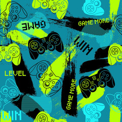 Abstract Seamless graffiti pattern with joystick. Gamer elements for boy t-shirt design. Repeat print with gamepad sign for boys textile and more  © SokolArtStudio