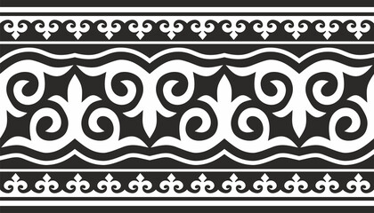 Vector monochrome Kazakh national seamless ornament. Endless pattern border, frame of the nomadic peoples of the great steppe. Turks, Kyrgyz, Mongols, Tatars, Kalmyks, Buryats.
